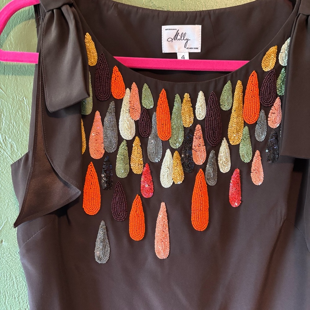 Milly of New York 100% Silk Beaded Embellished Dress Size 4 Brown Multicolor EUC